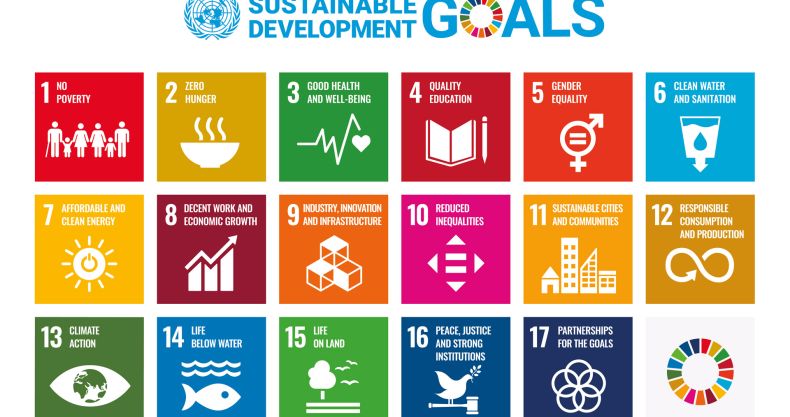 UN-Emblem und Text “Sustainable Development Goals” über einer Grafik mit den 17 farbigen Icons der SDG-Nachhaltigkeitsziele.